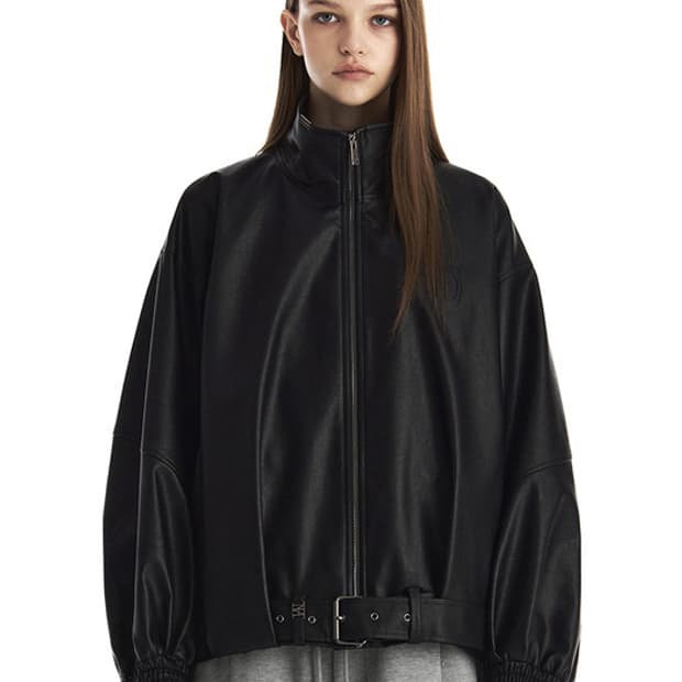 (택O) 트리밍버드 벨티드 오버사이즈 레더 블루종 자켓