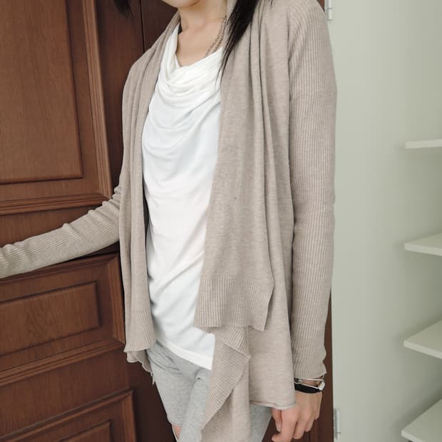 Beige Draped Open-Front Knit Cardigan