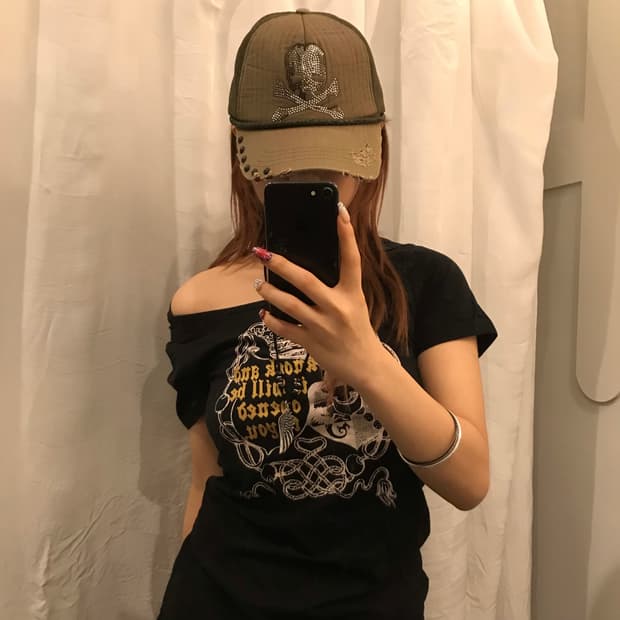 Vintage Y2k 고스펑크 갸루 스터드 스컬 캡