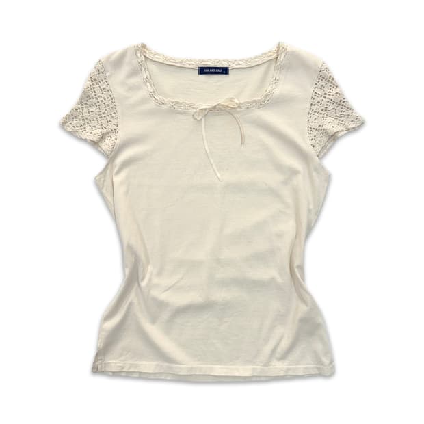 빈티지 ONE AND HALF 아이보리 니트 리본 반팔티