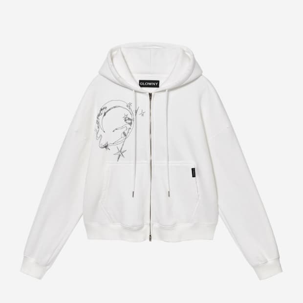 글로니 마야 두들 프린트 후드집업 화이트 윤비누 착용