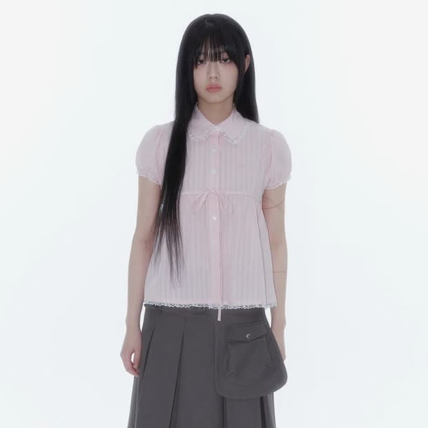 카시코 퍼프 슬리브 레이스 셔츠 핑크 (새상품)