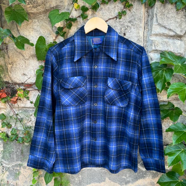 80s pendleton 펜들턴 울 블루 체크 플란넬 셔츠 M