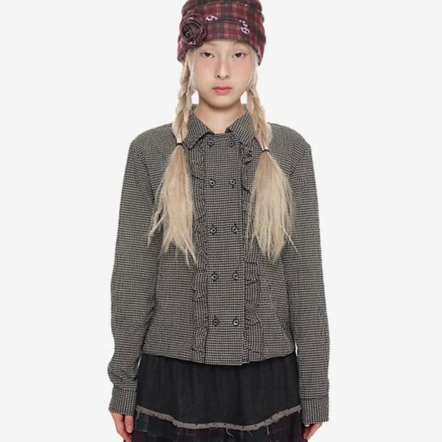 유쓰배쓰 더블 버튼 프릴 체크셔츠 블랙