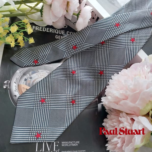 폴 스튜어트 실크 블랙&화이트 체크 넥타이 8.6cm A+등급 K1149