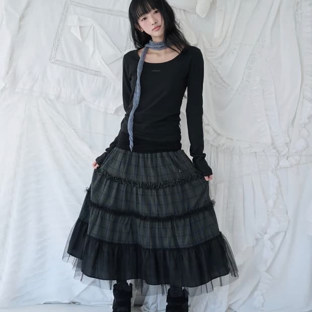 미레코 체크 프릴 스커트 카키