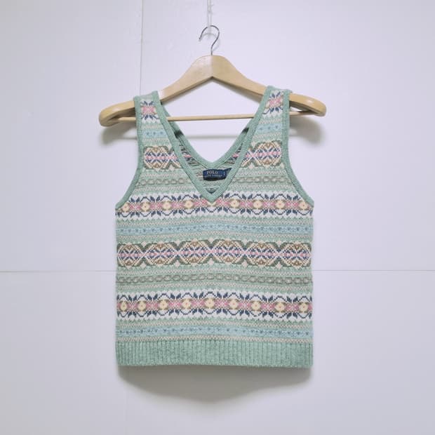 여성 2023 폴로 QR 캐시미어 울 페어아일 니트 베스트 조끼 스웨터