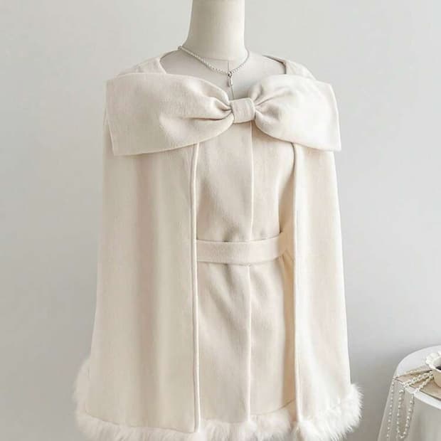 갸루 지뢰계 리본 케이프 코트 아이보리 퍼 새상품