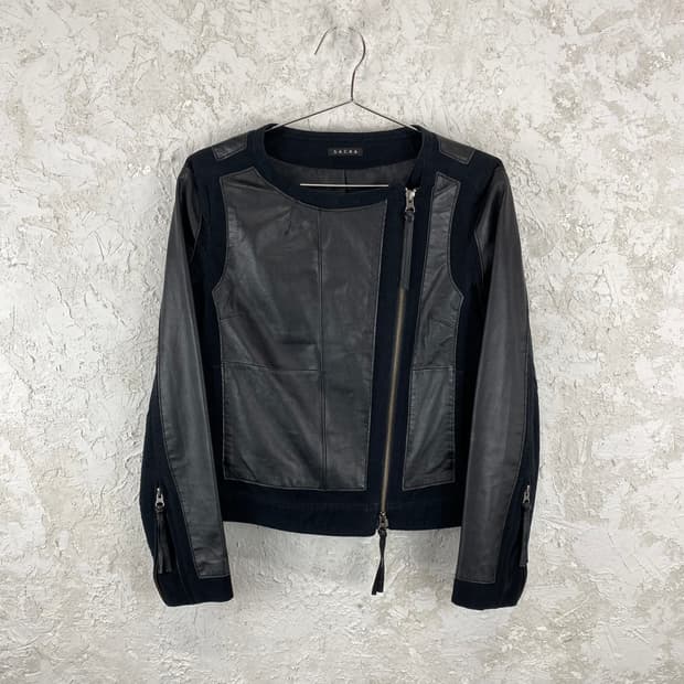 SACRA 레더 블록 패치드 애시메트릭 지퍼 자켓