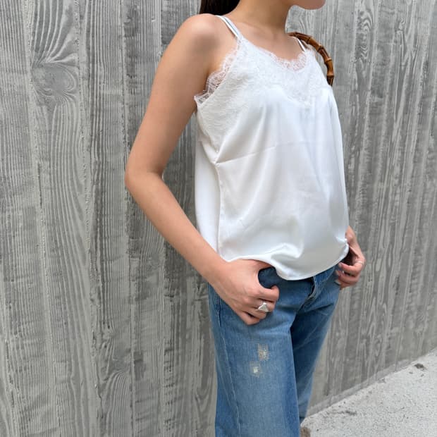 Lace Satin Strap Top ( OS / White )