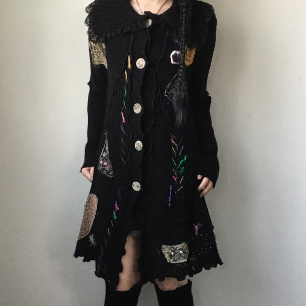 Patch stitch point knit long cardigan