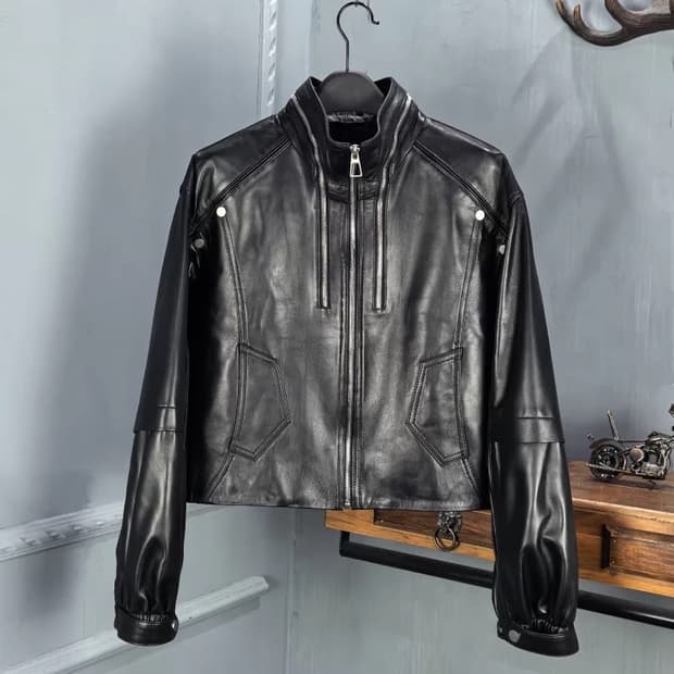 크롭 레더 집업 자켓