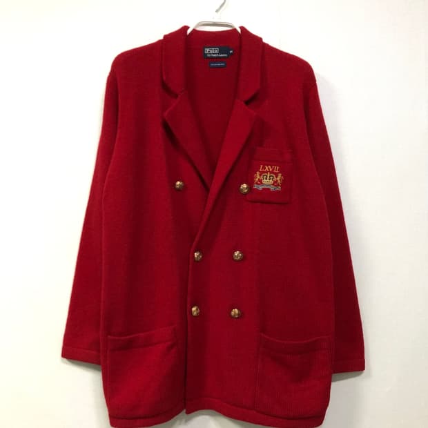 90s 폴로 셔틀랜드 울100% 금장 니트 블레이저 자켓 _ 딥레드