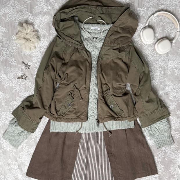 카키 브라운 & 민트 야상 자켓 세트 🐻