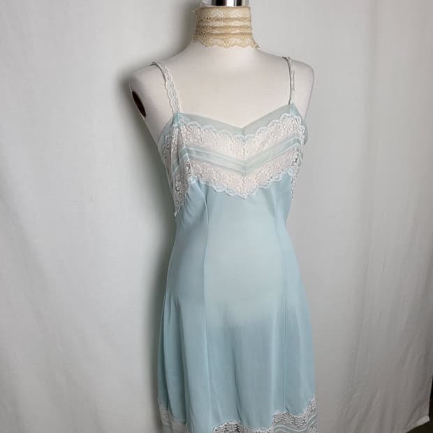 빈티지 아이스 블루 레이스 슬립 원피스
