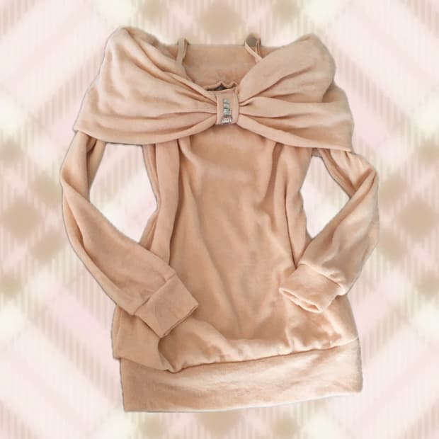 세실맥비 핑크 리본 오프숄더 니트 라떼 히메 러블리 로걀 갸루 빈티지