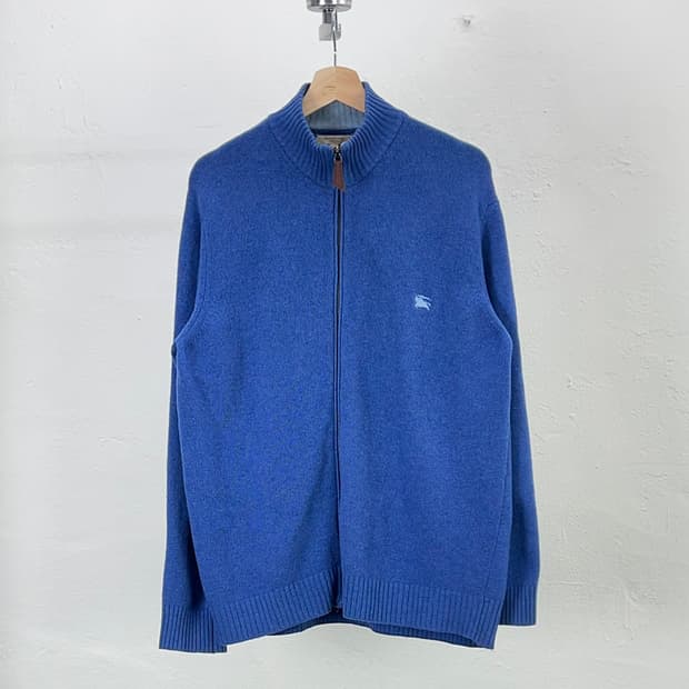 버버리 스카이 블루 캐시미어 울 혼방 엘보패치 풀집업 니트 자켓