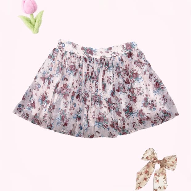 일본 팝갸루 핀터깔 플라워 포인트 핑크 샤 디테일 뒷 밴딩 미니스커트 