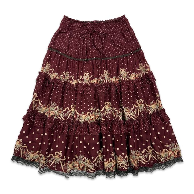 빈티지 Axes femme 와인 도트 프릴 롱 스커트