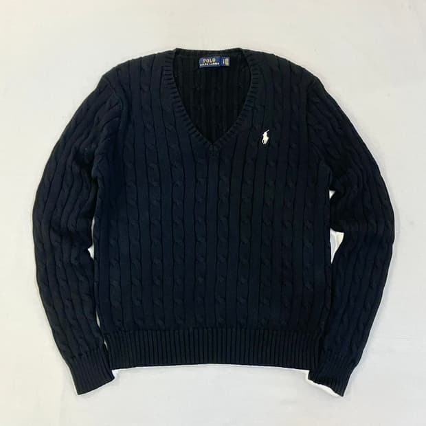 폴로 랄프로렌 브이넥 케이블 꽈배기 니트 블랙