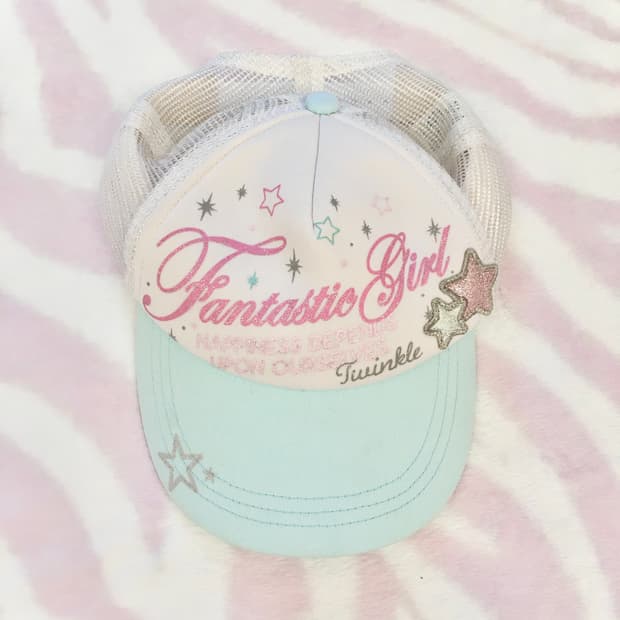 헤이세이 핑크 레터링 별 스카이블루 캡모자 조지후쿠 갸루 민트