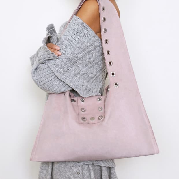 Polysooem eyelet suede shoulder bag pink