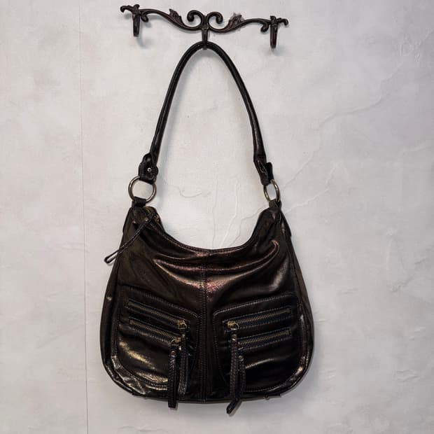 Metal bronze pocket detail shoulder bag