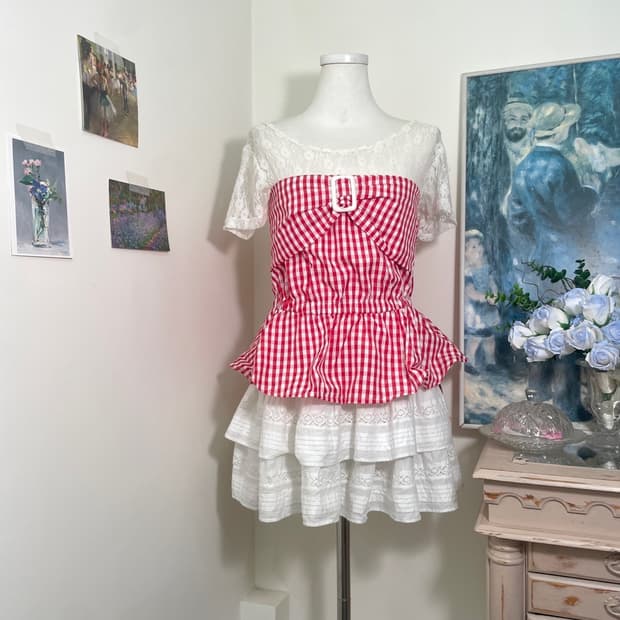 white red check&lace 2pcs cute set