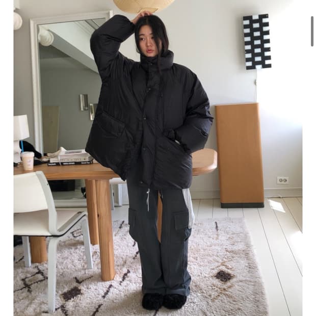 오버핏 오리털 스트링 덕다운 하프패딩