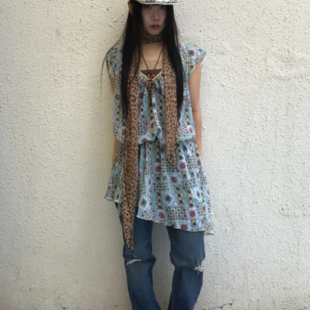 에스닉 y2k 코디세트(원피스+데님+나시)