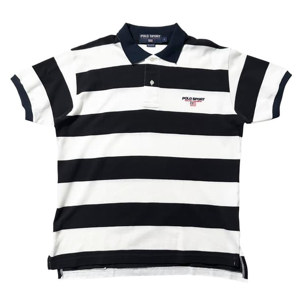 폴로 스포츠 랄프로렌 성조기 로고 스트라이프 보더 피케 카라 반팔 티셔츠