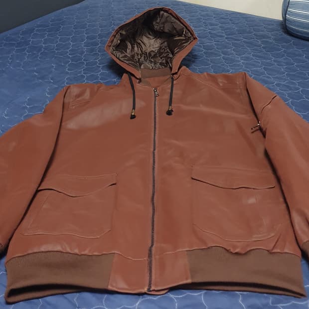 오버핏 가죽 후드 자켓 브라운 (XXL)