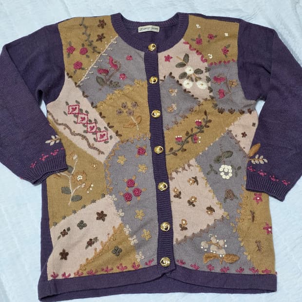 일본빈티지)퍼모리걸st 패치워크 보헤미안 플라워 레트로 니트 가디건
