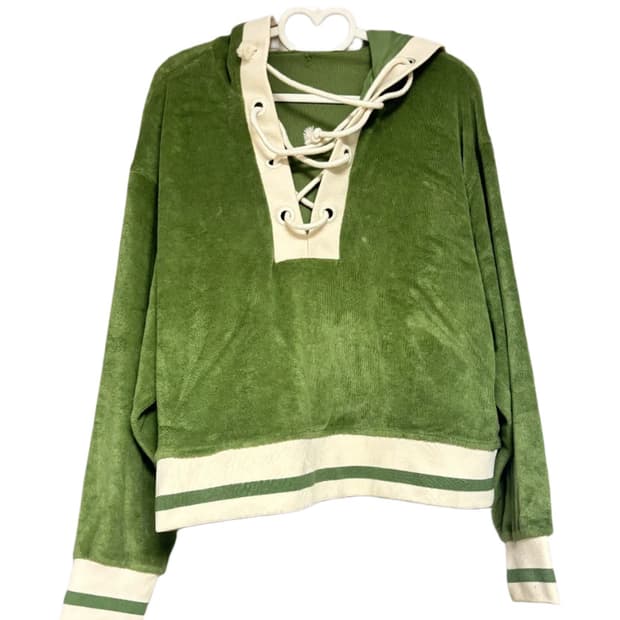 빈티지 Vintage 그린 벨벳 후드티 레이스업 포인트