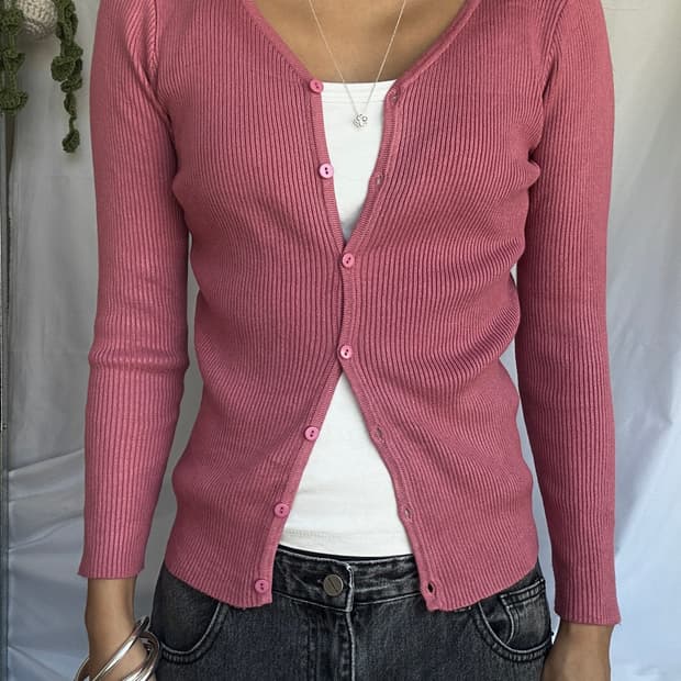 빈티지 핑크 골지 가디건
