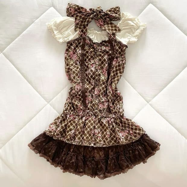 구함) 리즈리사 브라운 플로럴 리본 원피스 오프숄더 라떼 히메 갸루 로걀