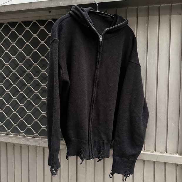 Distressed cut line 2 way full zip hoodi