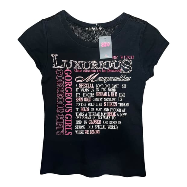 큐빅 레터링 백레이스 시스루 반팔티 키치갸루y2k