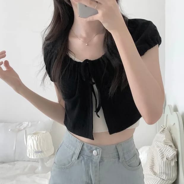 [새상품] 에이블리 리본 셔링 볼레로 반팔 크롭 가디건