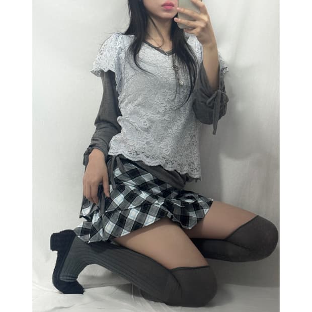 레이스 러플 슬리브 블라우스