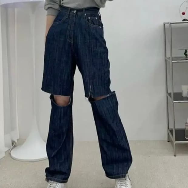 커팅 데님 생지 팬츠