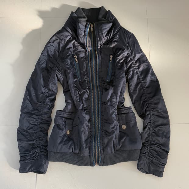 • Navy Shirring High-Neck Jacket