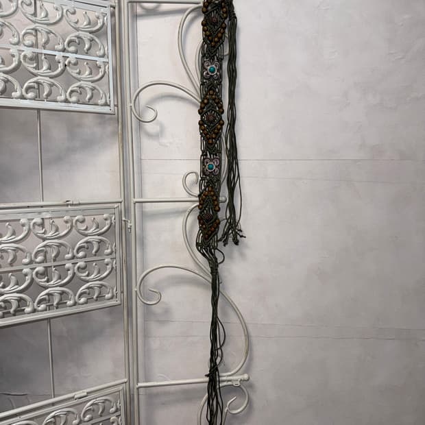 Khaki ethnic floral wood beads strap 벨트