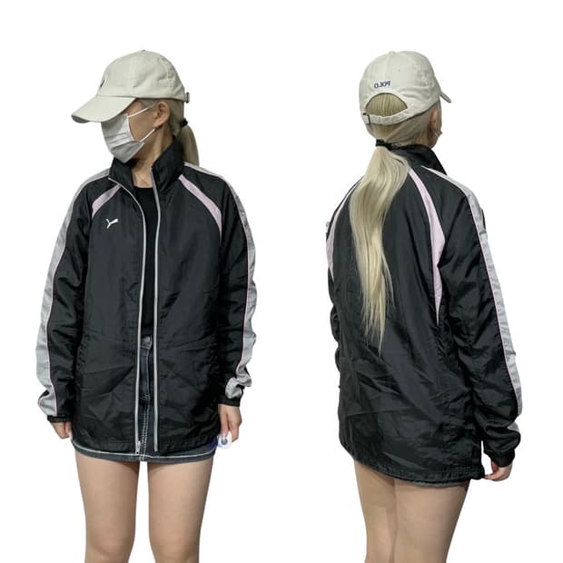 푸마 블랙 핑크 사이드 라인 로고 오버핏 트랙 자켓 L