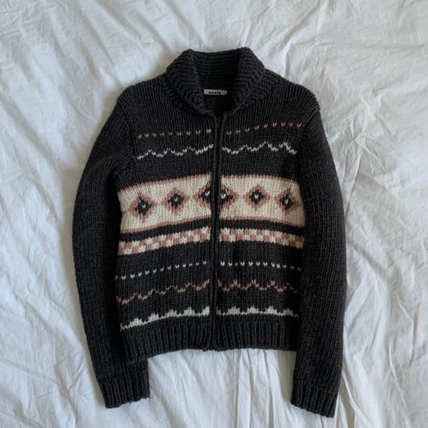 브라운 패턴 니트 집업