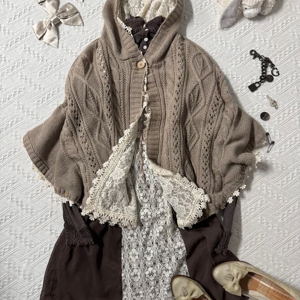 레이스 레이어브 케이블 니트 패턴 후디드 케이프