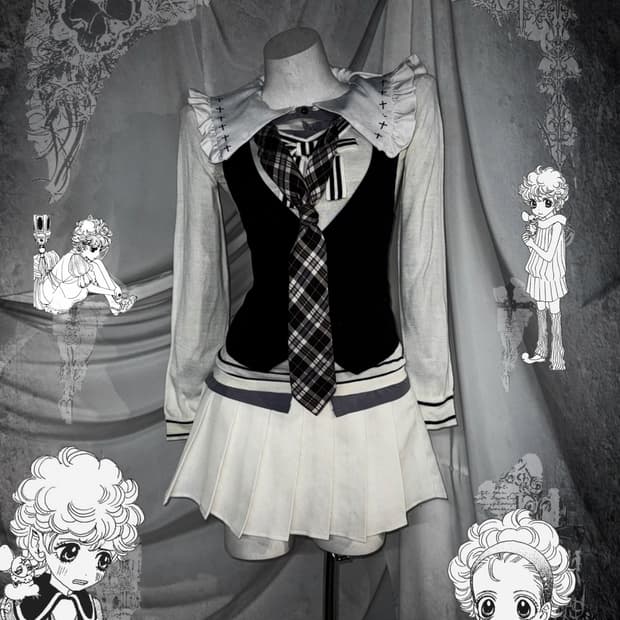 슈가슈가룬깔 화이트 십자가 세일러 체크 프레피 코디세트 