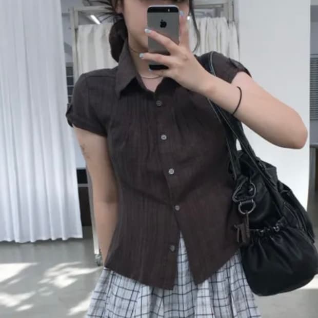 코이브 쏘브 롤업 체크 반팔셔츠 카키브라운