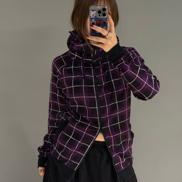 check pattern high-neck hood zip-up