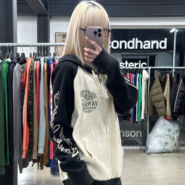 벤슨 코튼스 배색 와플 후드 집업